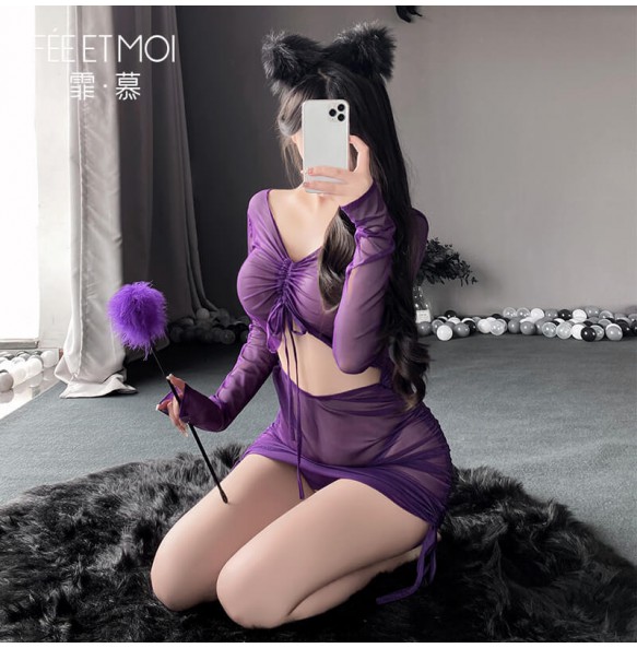 FEE ET MOI - Sexy Sheer Ruched Bodycon Dress (Purple)